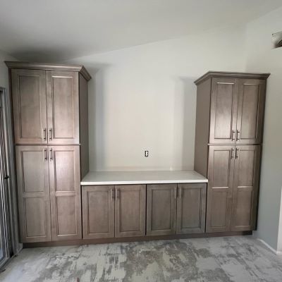 Ash Brown Double Shaker Kitchen Cabinets.